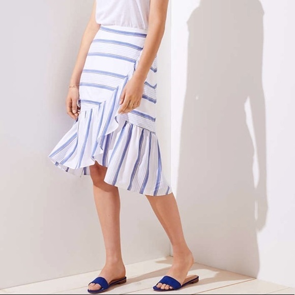 NWT!! LOFT Blue white Striped Ruffle Wrap Skirt - Picture 1 of 5